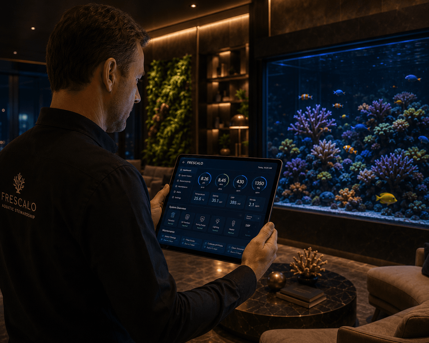 Blank tablet beside a reef aquarium representing a future operating record without fake product screens.
