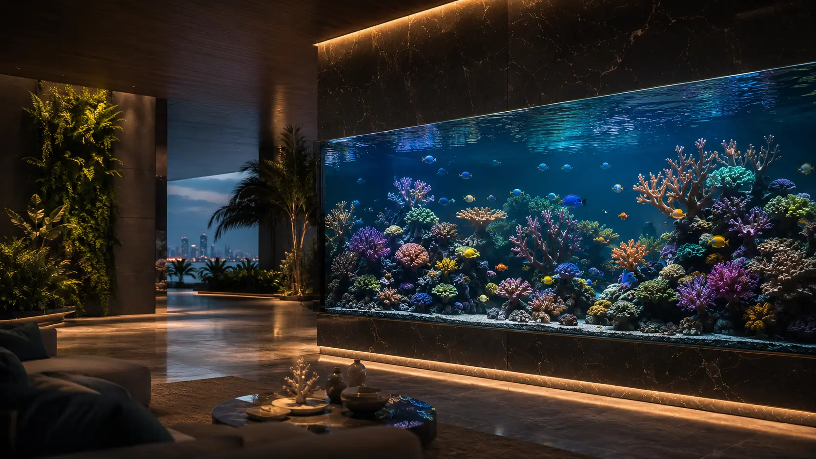 A long reef aquarium full of coral and tropical fish set into a dark marble wall in a lobby lounge, with a living wall beside it and, through the glass, a waterfront skyline and palms at dusk.