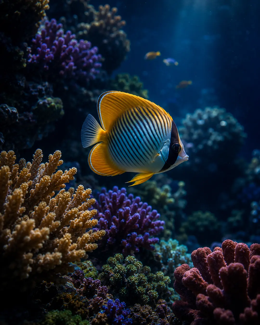 A striped yellow butterflyfish swims among purple, gold and red corals in dim blue reef light.
