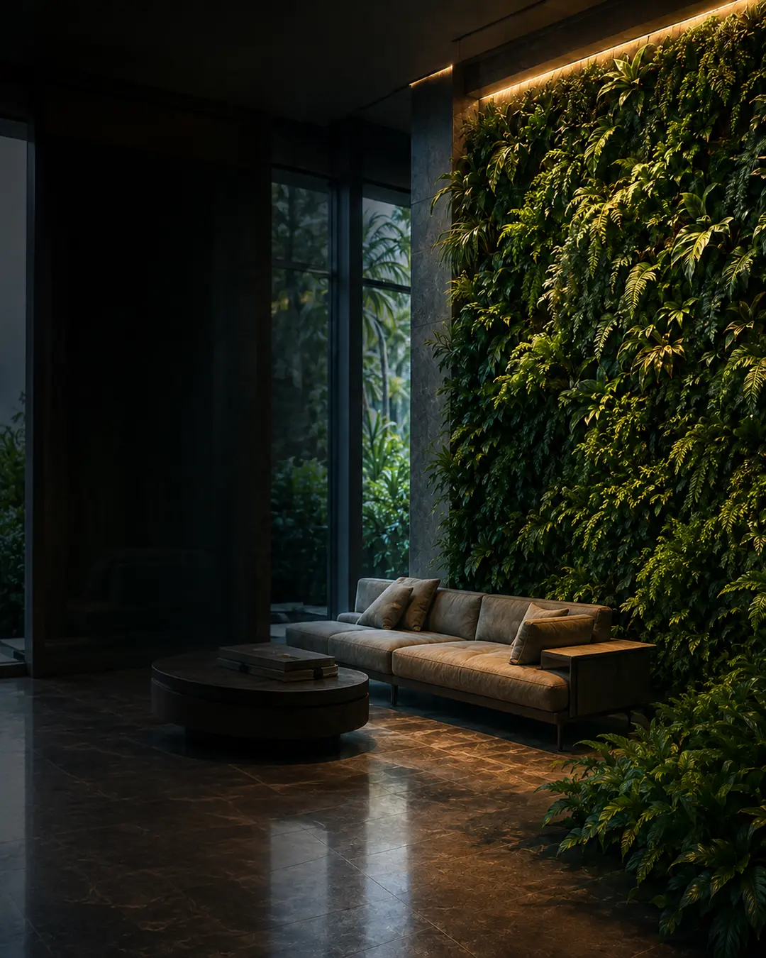 A floor-to-ceiling living wall of ferns and tropical plants, lit from above, beside a sofa in a dim lobby.