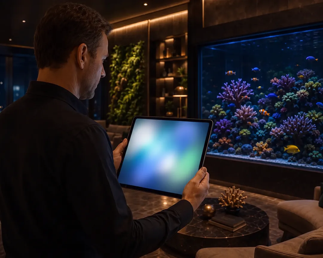 A technician holds a tablet in front of a large reef aquarium in a dim lounge.
