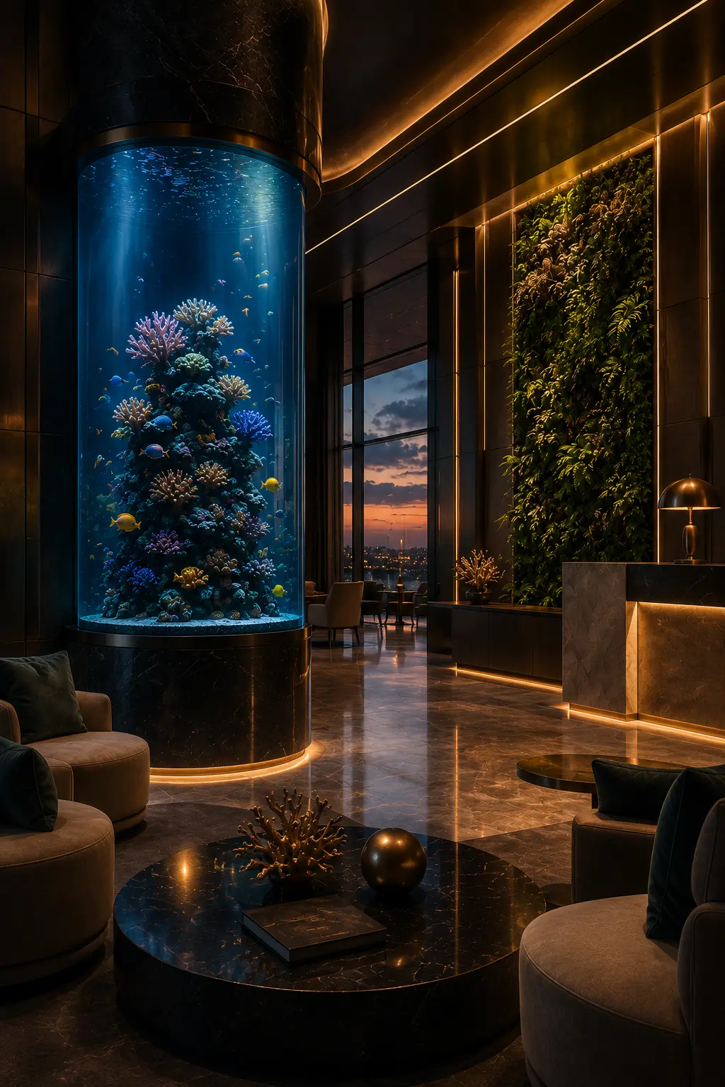 A tall cylindrical reef aquarium rises from a marble base in a dim lobby at dusk, with a living wall and a reception desk behind.