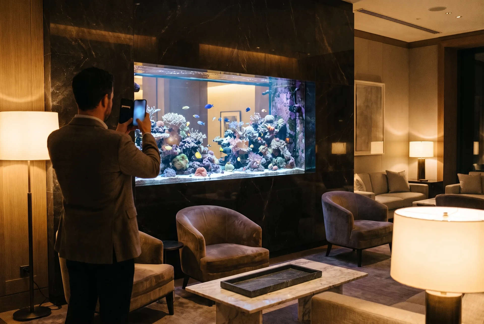 A hotel guest, seen from behind, photographs a large saltwater reef aquarium set into a dark marble wall in a lamplit lobby lounge with velvet armchairs.