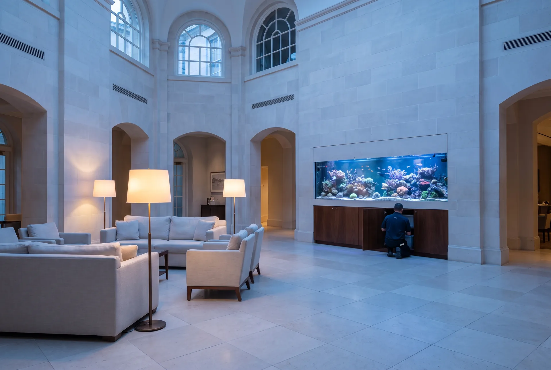Before dawn in a quiet, pale stone hotel lobby with empty linen sofas, a long saltwater reef aquarium glows on the far wall while a service aquarist, small in the distance, kneels at the open cabinet below it.