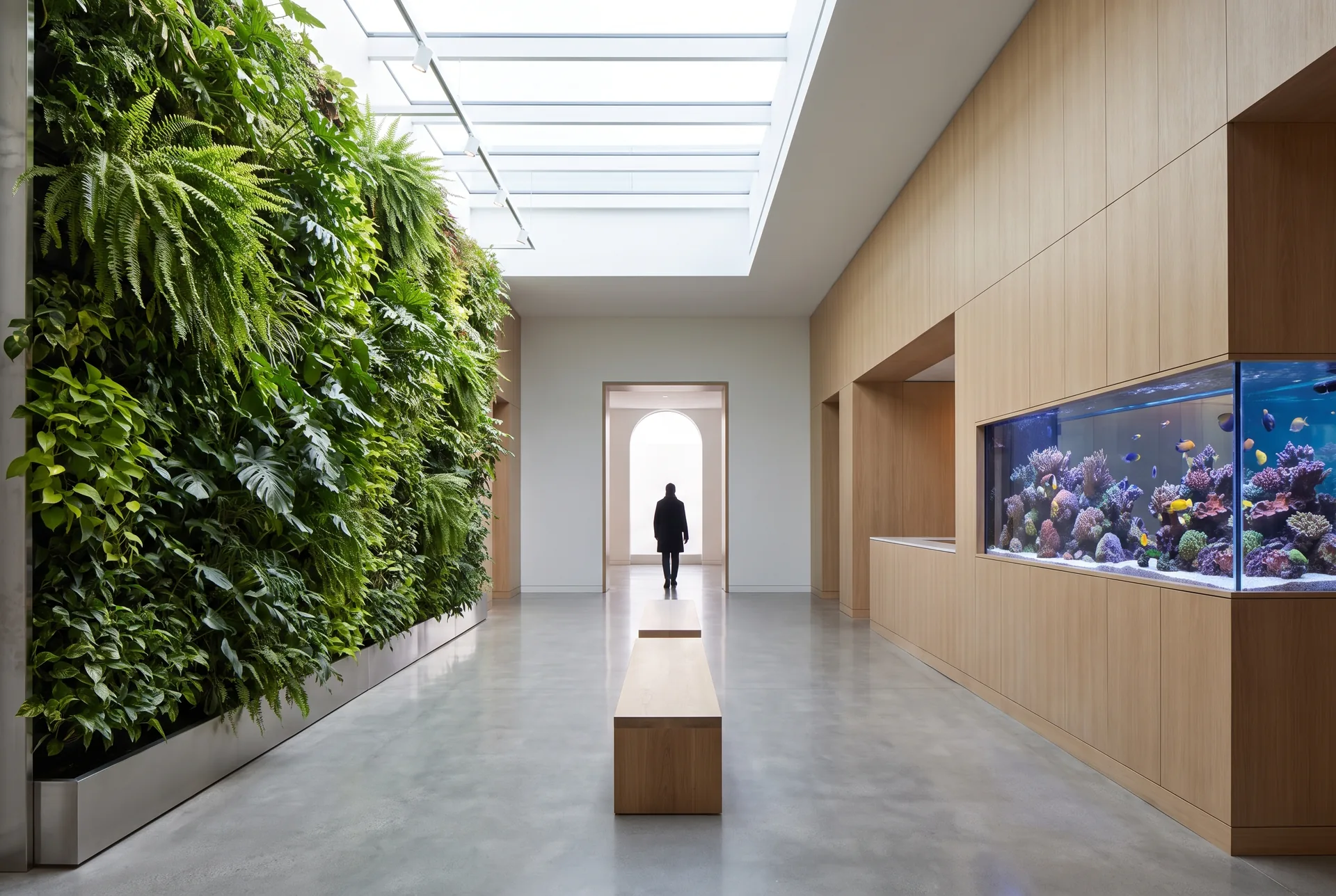 A skylit headquarters reception hall with a two-storey living wall of ferns and foliage on the left and a long saltwater aquarium set into a pale oak wall on the right; one person walks away at the far end.