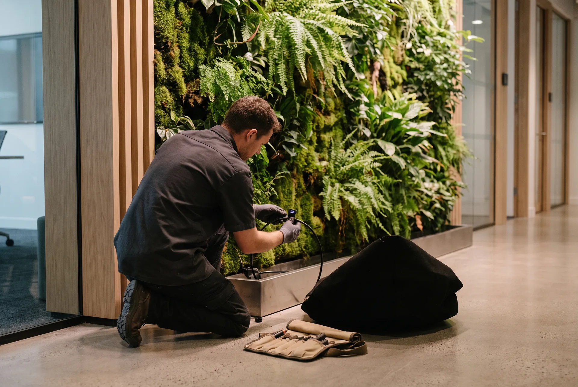A living-wall specialist kneels at the base of an office living wall of ferns and moss and checks a drip-irrigation line with gloved hands, a tool roll on the polished floor beside him.