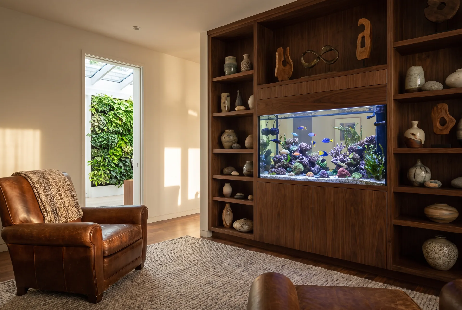 A quiet private study with a saltwater aquarium built into dark walnut shelving full of ceramics and stones, a leather armchair, and a living wall glimpsed through a doorway to a bright atrium.