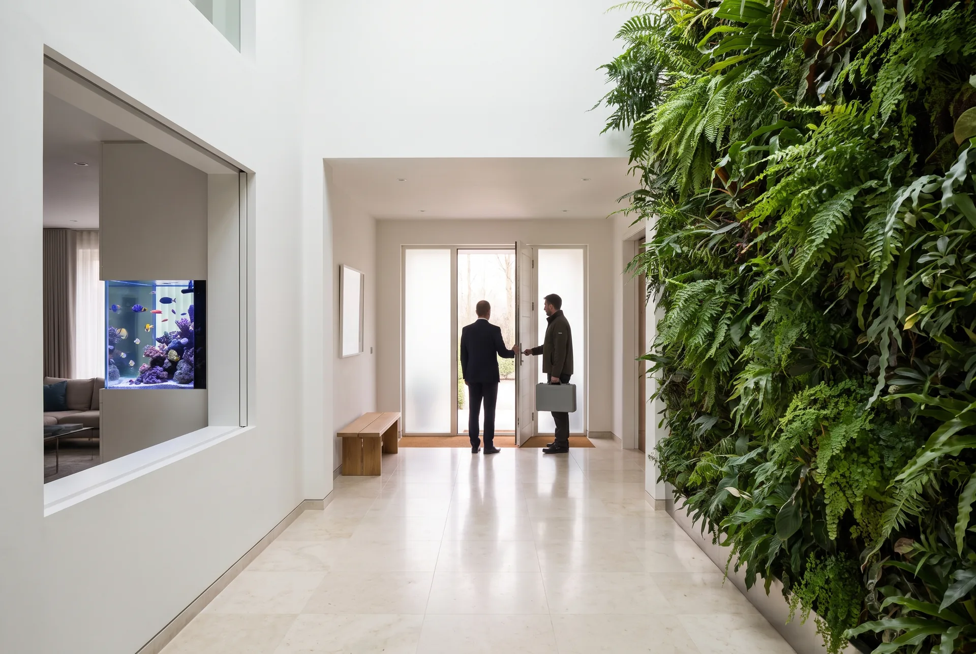 The white entrance hall of a private residence with a living wall of ferns along one side and an aquarium glimpsed in the living room; at the open front door the house manager lets in a service aquarist carrying a service case.
