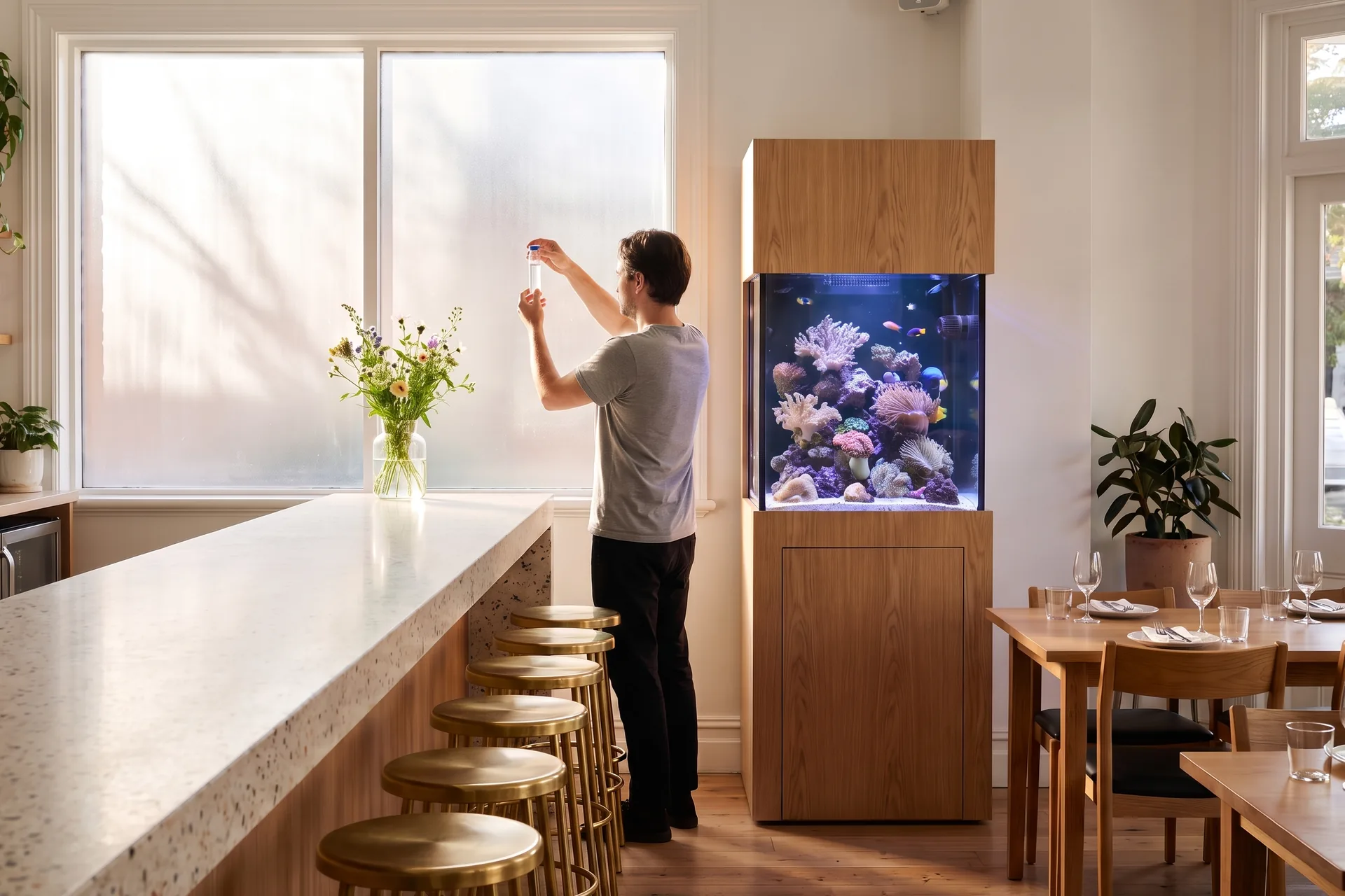A bright restaurant bar in afternoon light between services: beside a terrazzo counter with brass stools, a technician holds a water-test vial up to the window next to a tall saltwater aquarium in a pale oak cabinet.