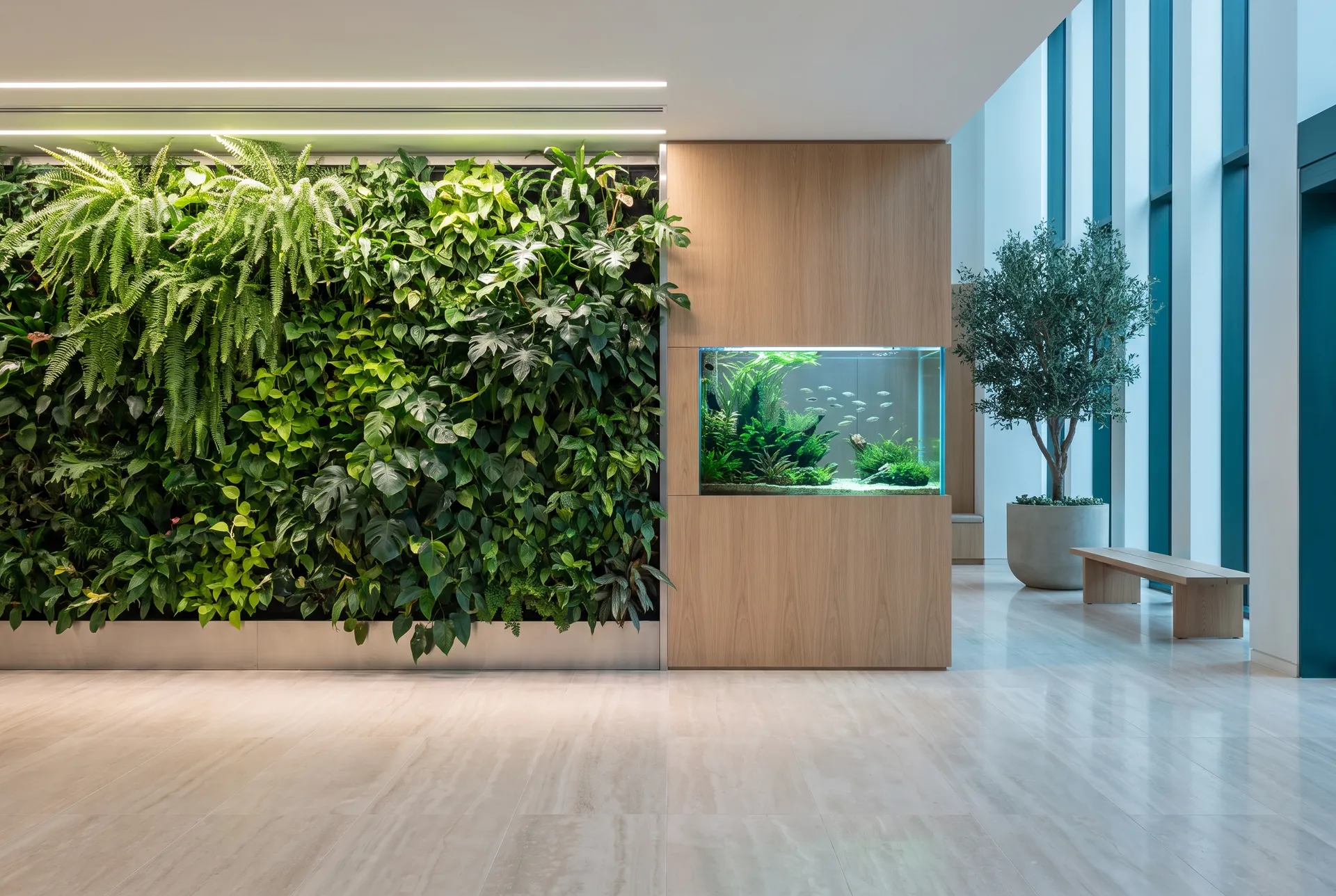 An empty corporate lobby in morning light, seen across a pale stone floor: a floor-to-ceiling living wall of ferns, pothos and philodendron beside a planted freshwater aquarium set into an oak wall, a potted olive tree and a wooden bench by tall windows.