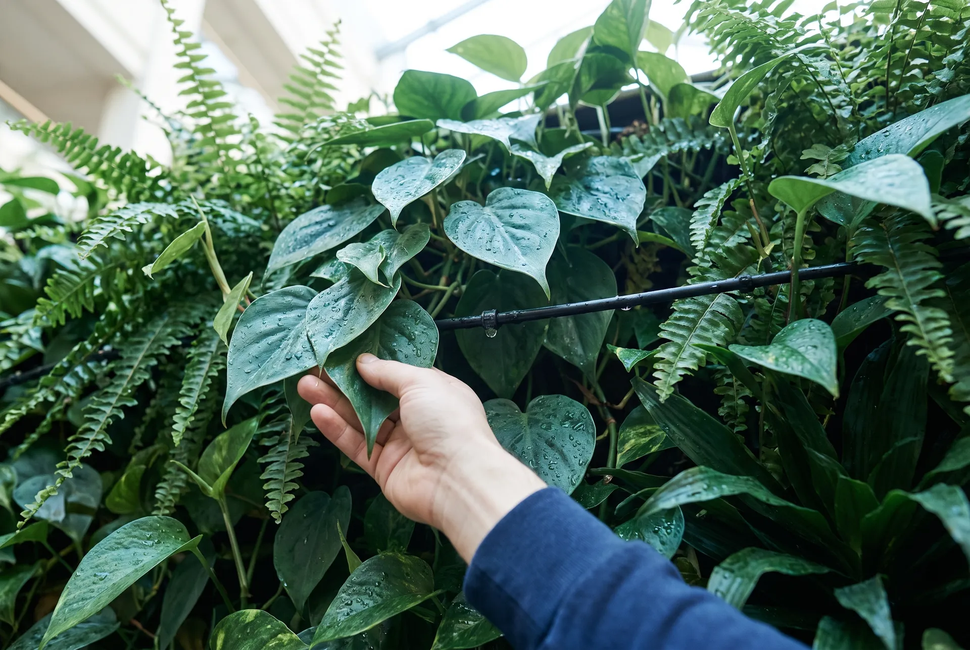A hand in a navy sleeve lifts the heart-shaped leaves of an indoor living wall of ferns and pothos to show a thin black drip line, a drop of water forming at one emitter.