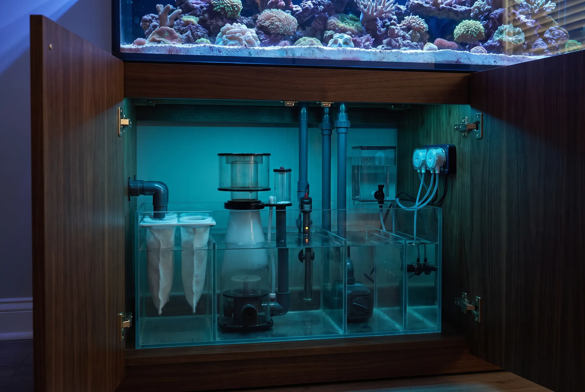 The open walnut cabinet under a reef aquarium in blue light: a glass sump in chambers with two white filter socks, a protein skimmer with a clear cup, a heater, grey pipework rising to the display, a small top-off reservoir and a dosing pump with thin tubes.