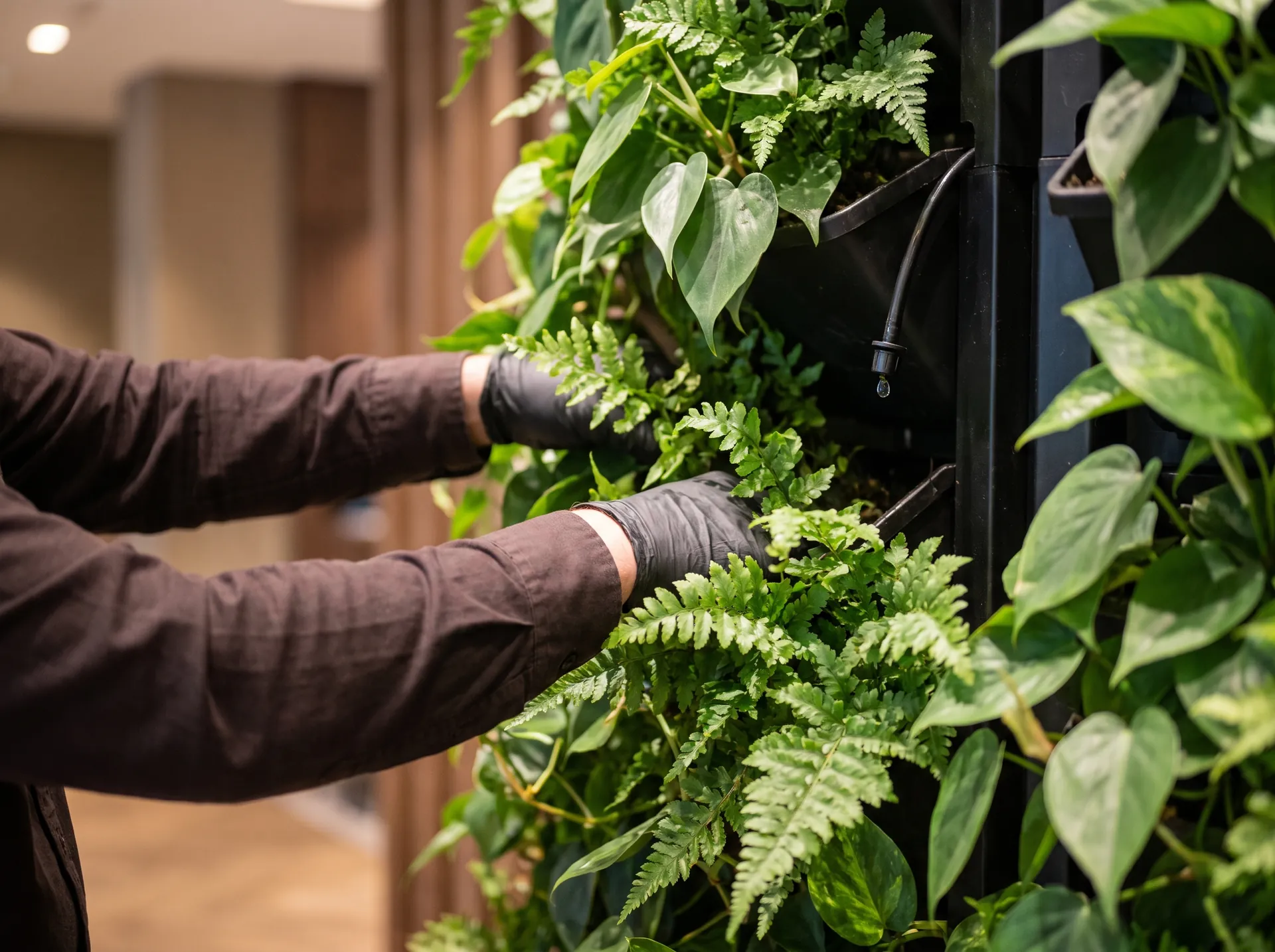 Gloved hands part ferns and heart-shaped leaves on an indoor living wall to check a black drip line, a drop of water hanging from its emitter.