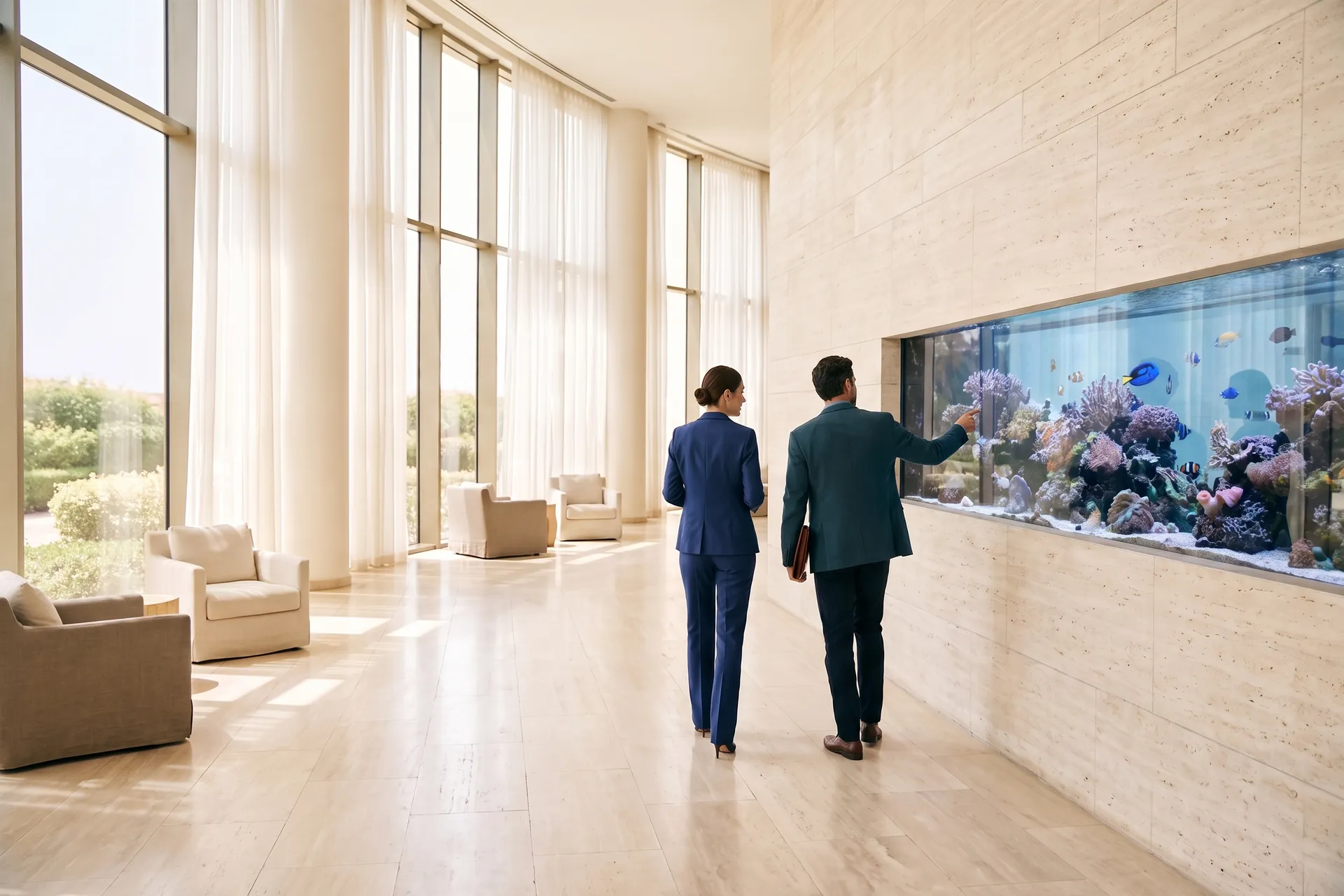 In a bright hotel lobby with tall curtained windows, a woman in a navy suit and a man in a dark teal jacket carrying a leather folder walk along a long saltwater display set into a travertine wall; he points to the corals as they talk.