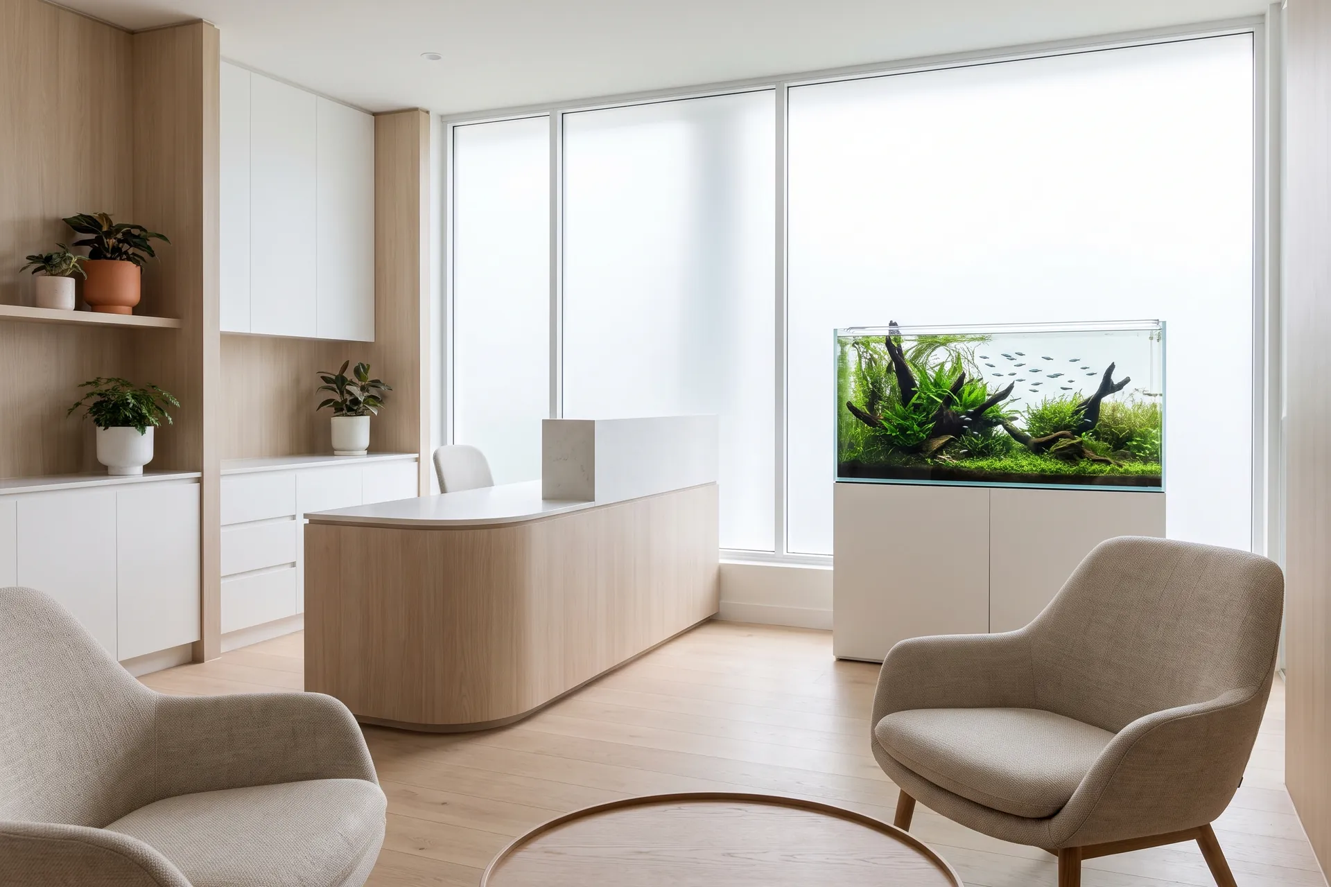 A bright, calm dental studio reception in pale oak and white: a curved reception desk, two upholstered armchairs and, on a white cabinet by the frosted window, a planted freshwater aquarium with driftwood, green plants and a small shoal of tiny fish.