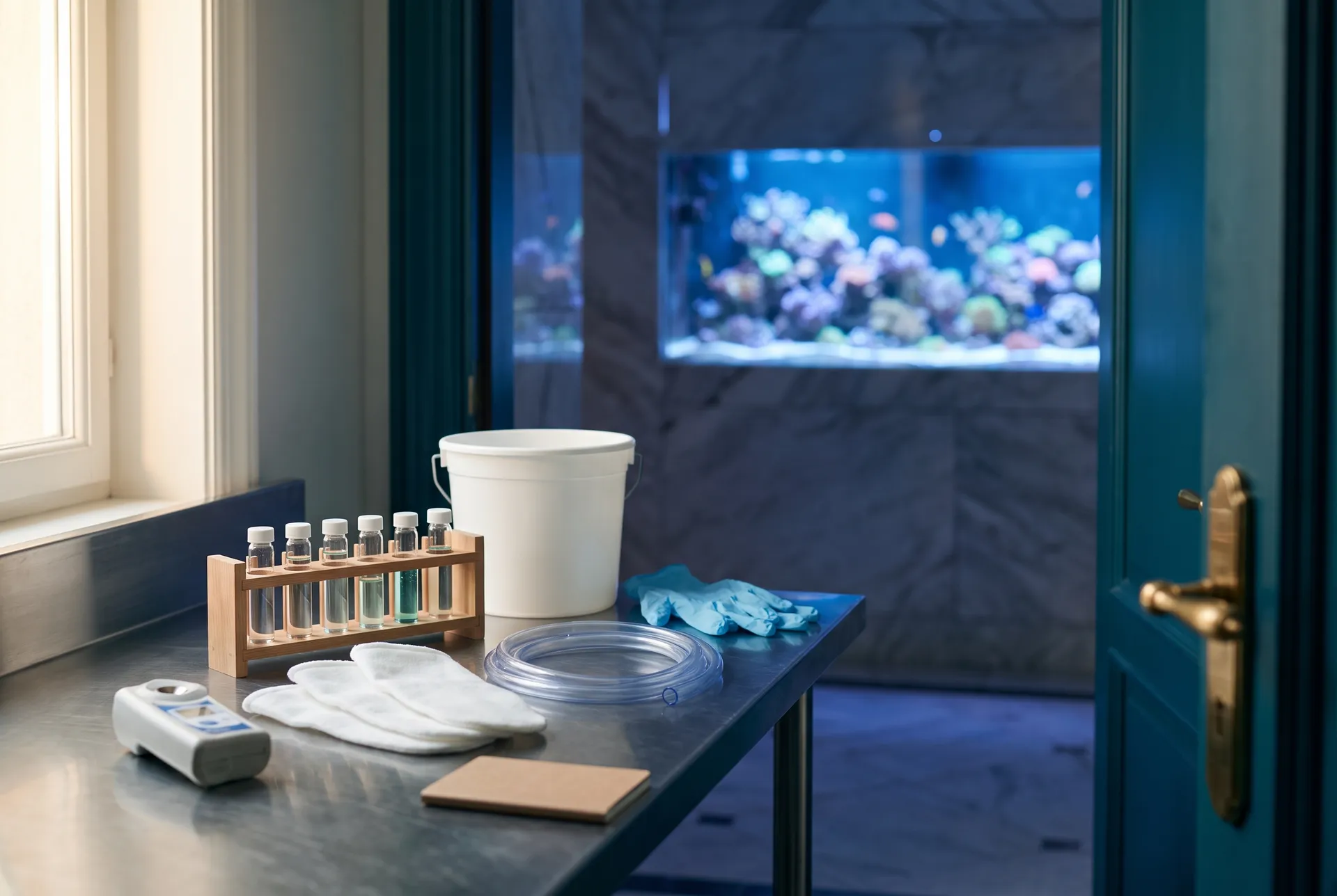 An aquarium service kit on a stainless steel bench in a back room: a rack of water-sample vials, a refractometer, folded white filter socks, a coil of siphon hose, blue gloves and a white bucket, with a reef aquarium glowing in the marble lobby beyond the open door.