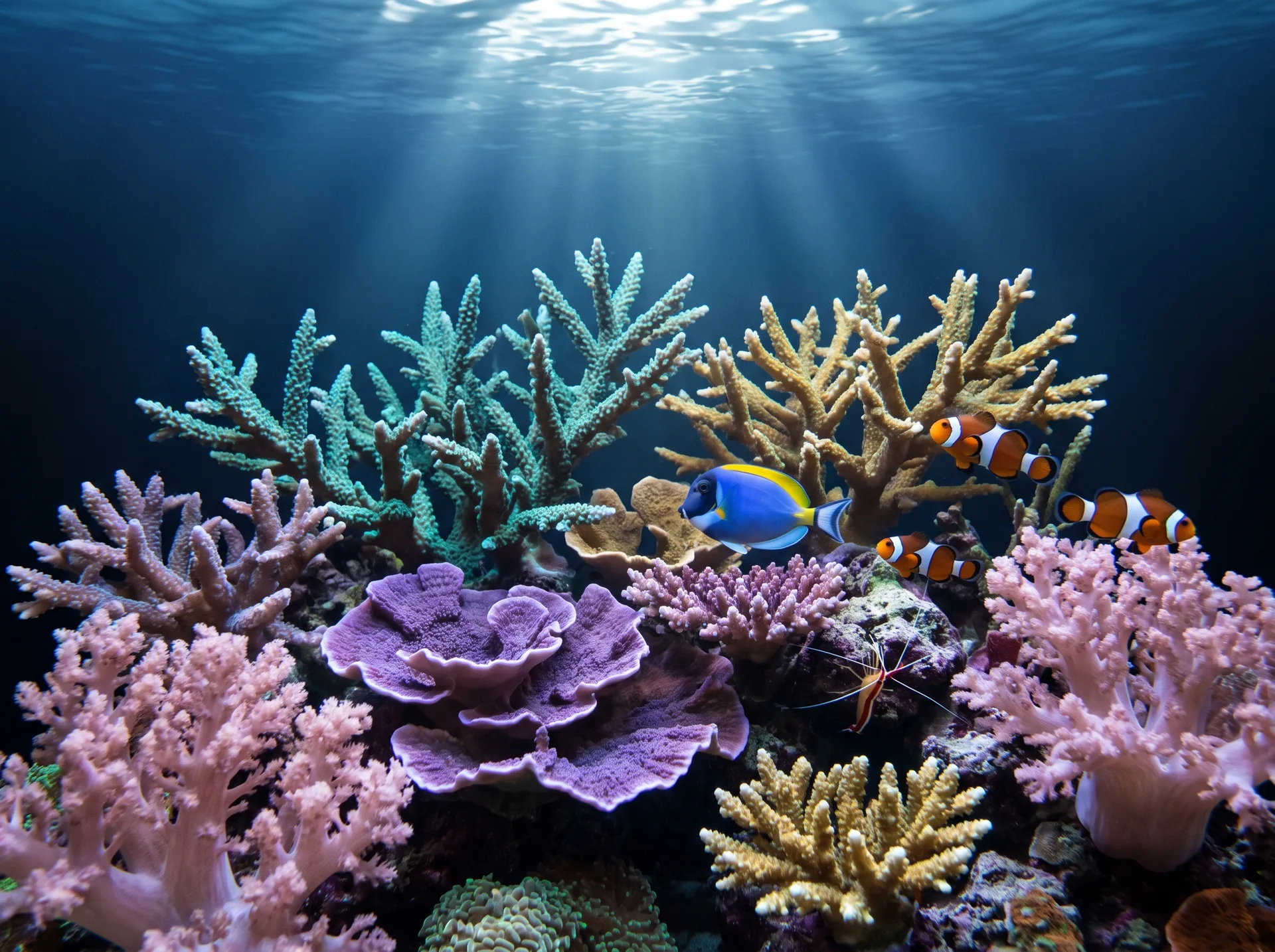 Close view through the front glass of a saltwater display: teal, gold, violet and pink corals, a blue tang, three clownfish and a cleaner shrimp on the rockwork, light rippling from above.