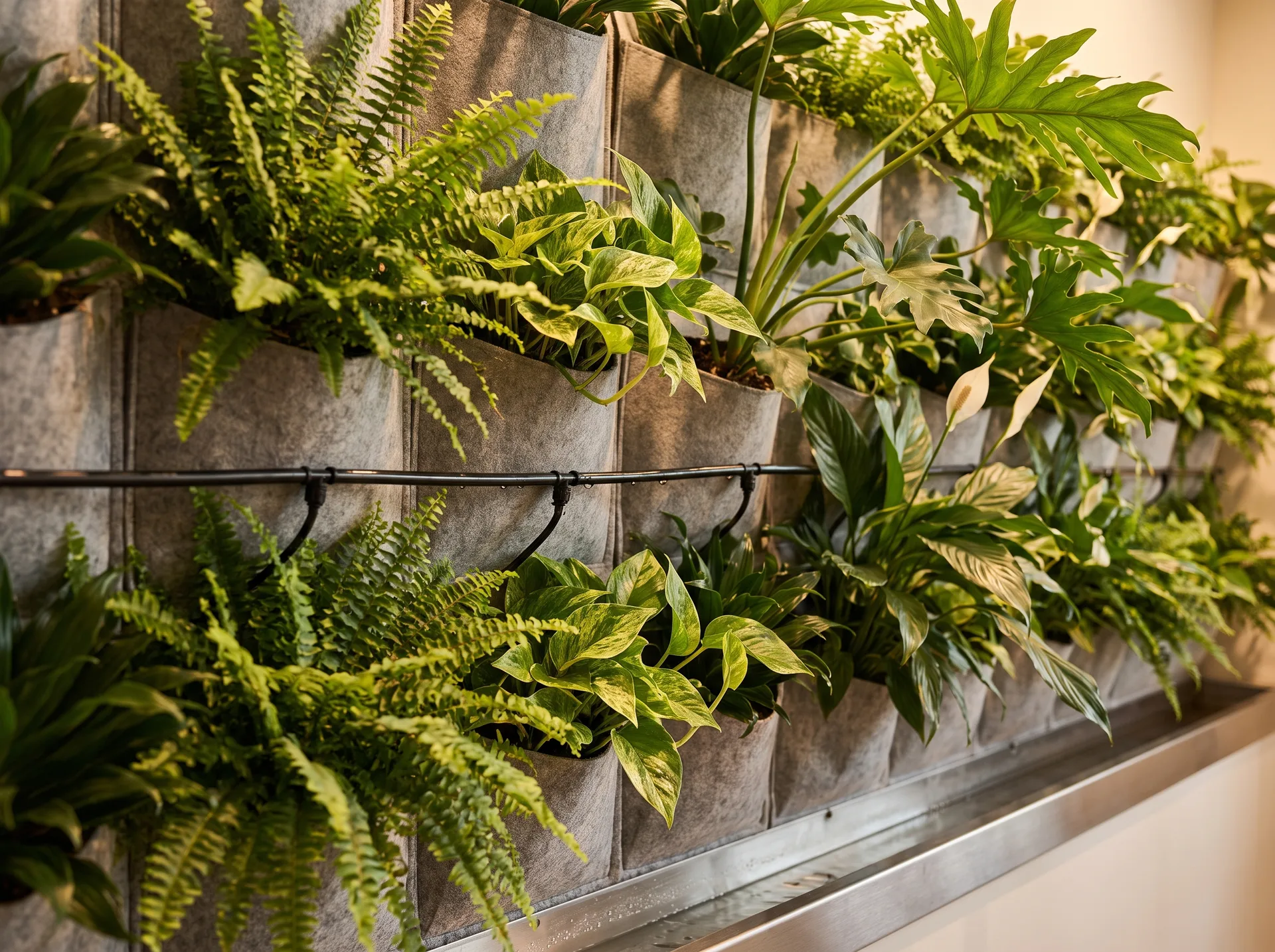 Detail of an indoor living wall: ferns, pothos, philodendron and peace lilies in grey felt pockets, a black drip line with water beading on it and a brushed-steel gutter along the bottom.