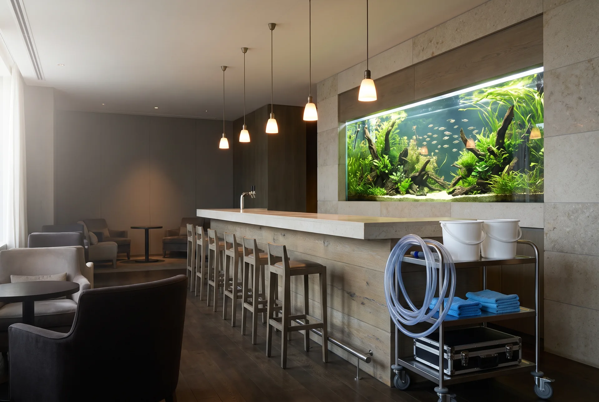 A hotel lounge bar before it opens: a long, brightly lit planted freshwater aquarium with driftwood and a shoal of small fish set into the stone wall behind an empty oak bar, and a steel service cart beside it with a coiled siphon hose, two white buckets, blue towels and a kit case.