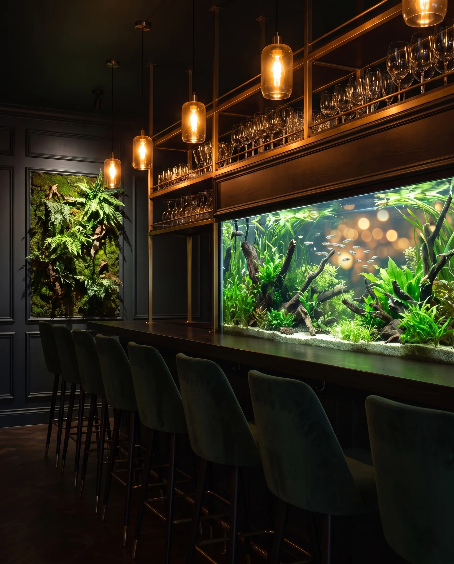 An empty restaurant bar before service: a long planted freshwater aquarium with a green aquascape and a shoal of small silver fish behind a dark wood back bar with glassware and amber pendant lights, velvet stools and a small fern living wall panel at one end.