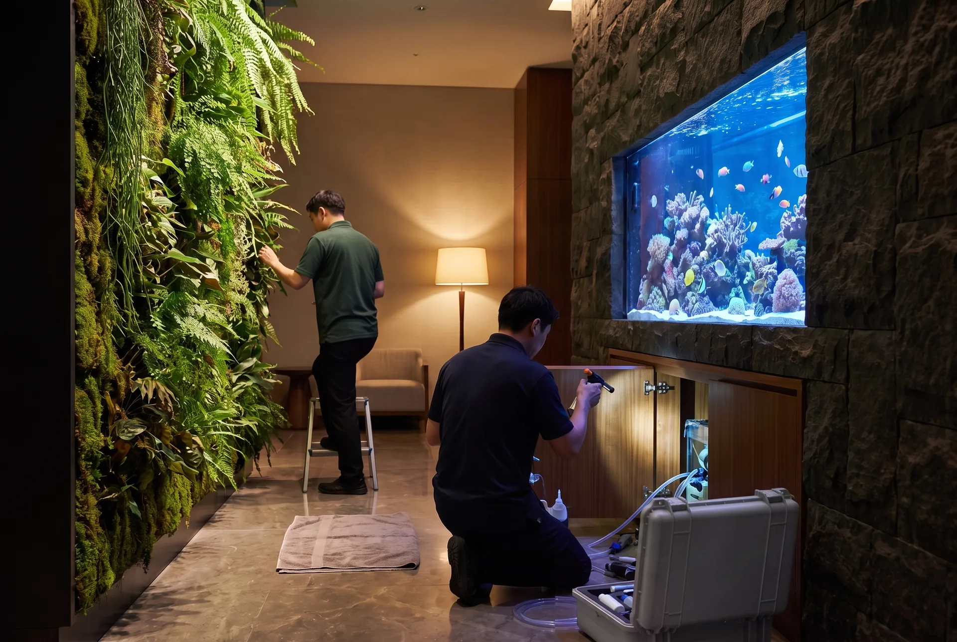 Two care specialists at work in a dim hotel lobby before opening: one kneels at the open cabinet under a built-in saltwater aquarium with a torch, the other stands beside a low stool checking the planting of a tall fern living wall.